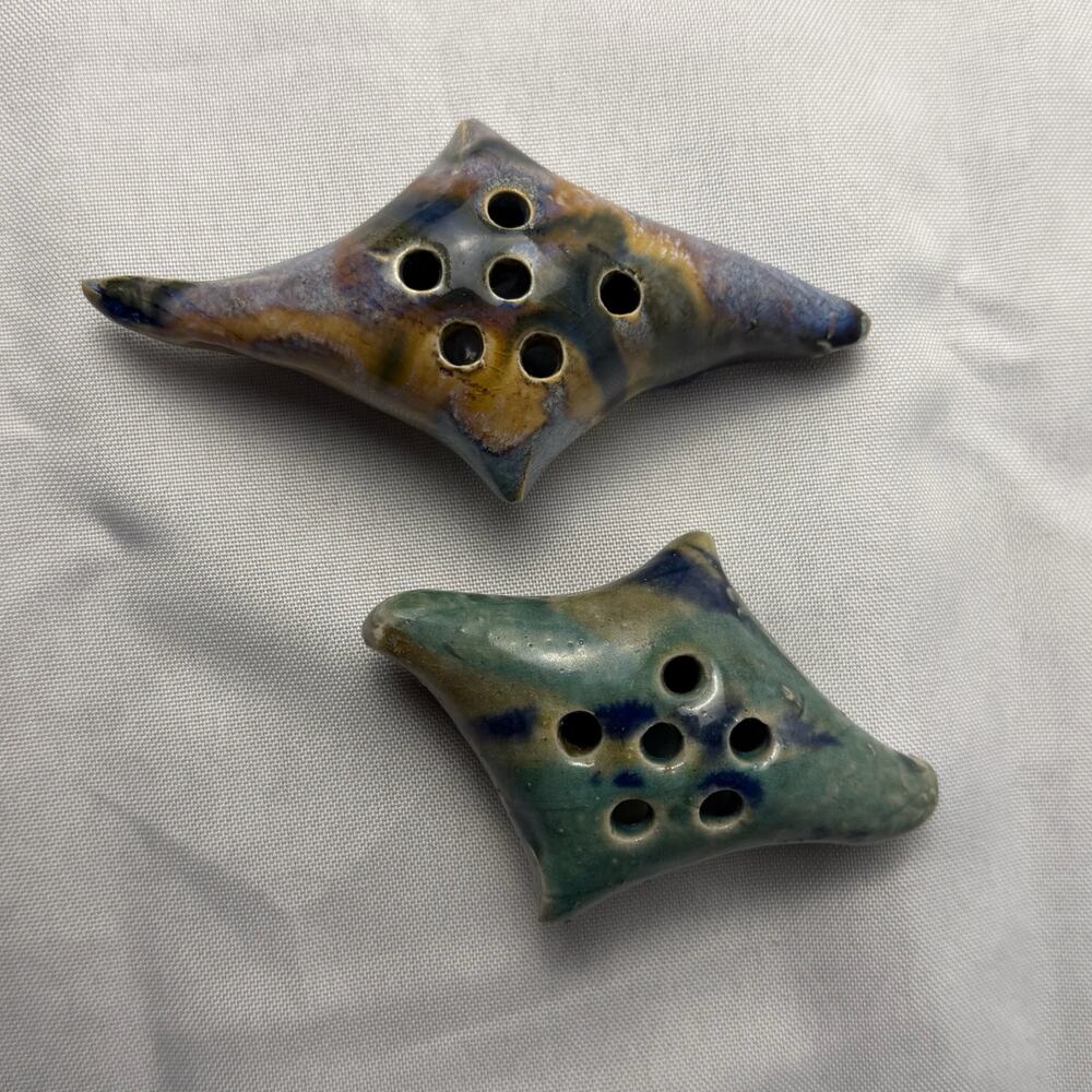 VTG Handmade Studio Pottery Pillow Flower Frog Set of 2 Blue Green Teal Purple